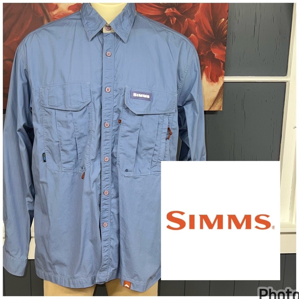 SIMMS Fishing Long Sleeve Button Up Shirt Mens XL Relaxed Fit Blue Reflective